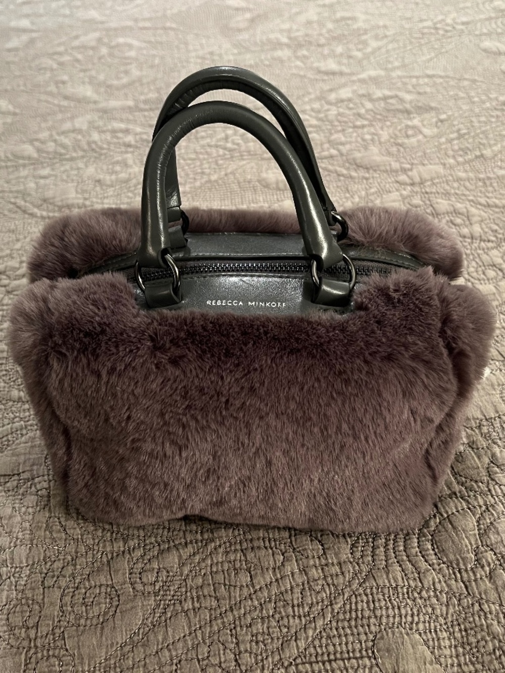NWT. Rebecca Minkoff Gray Faux Shearling Leather Trim Handled Bag with Straps